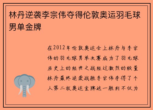 林丹逆袭李宗伟夺得伦敦奥运羽毛球男单金牌